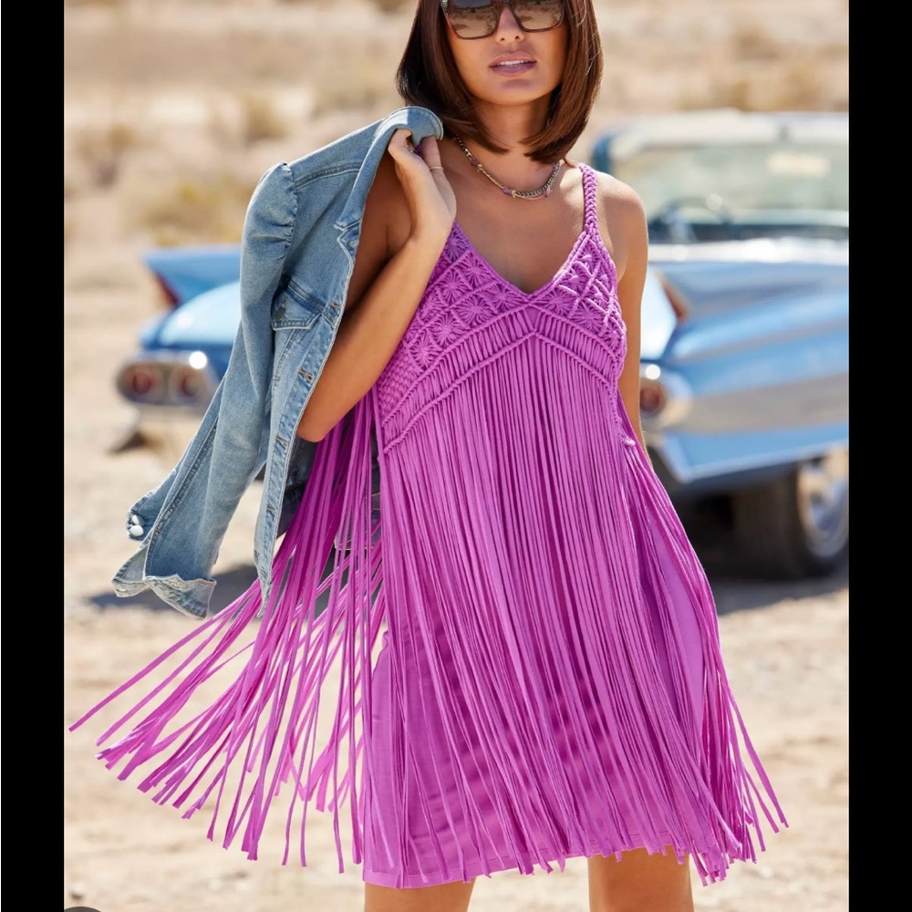Boston Proper Magenta Fringe Dress